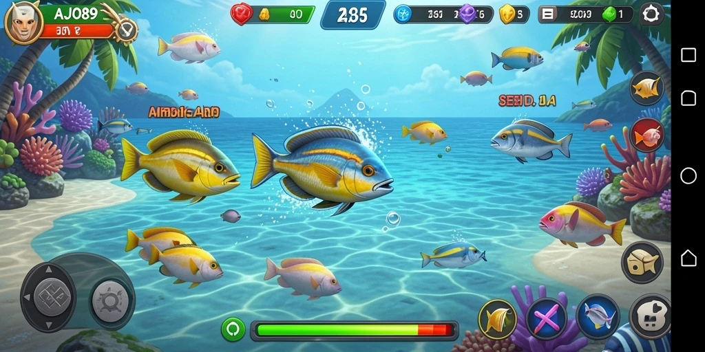 Screenshot utama AJO89 menampilkan aksi seru dalam menangkap ikan.