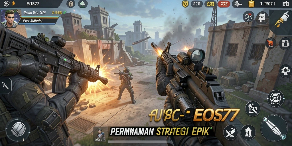 Screenshot gameplay menunjukkan pertempuran strategis yang intens.