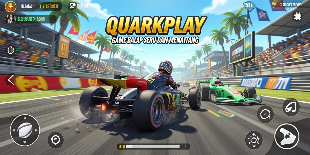 Screenshot menunjukkan gameplay balapan yang mendebarkan di QUARKPLAY.